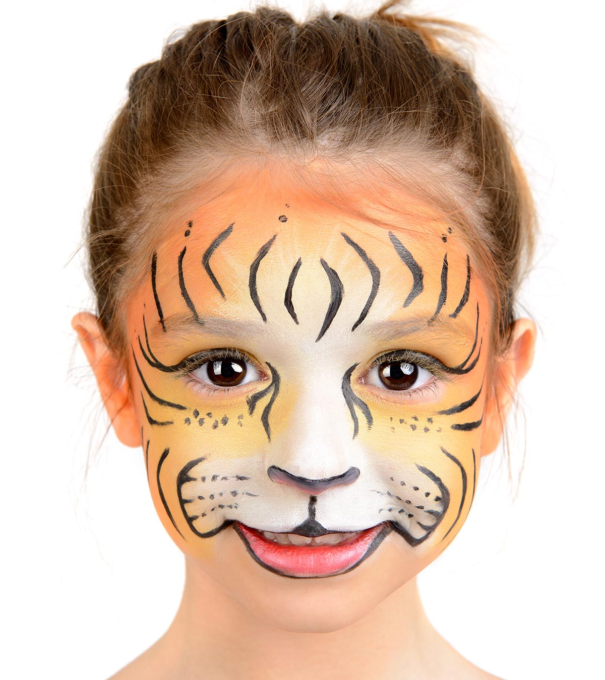 A kid paints her face like a tiger