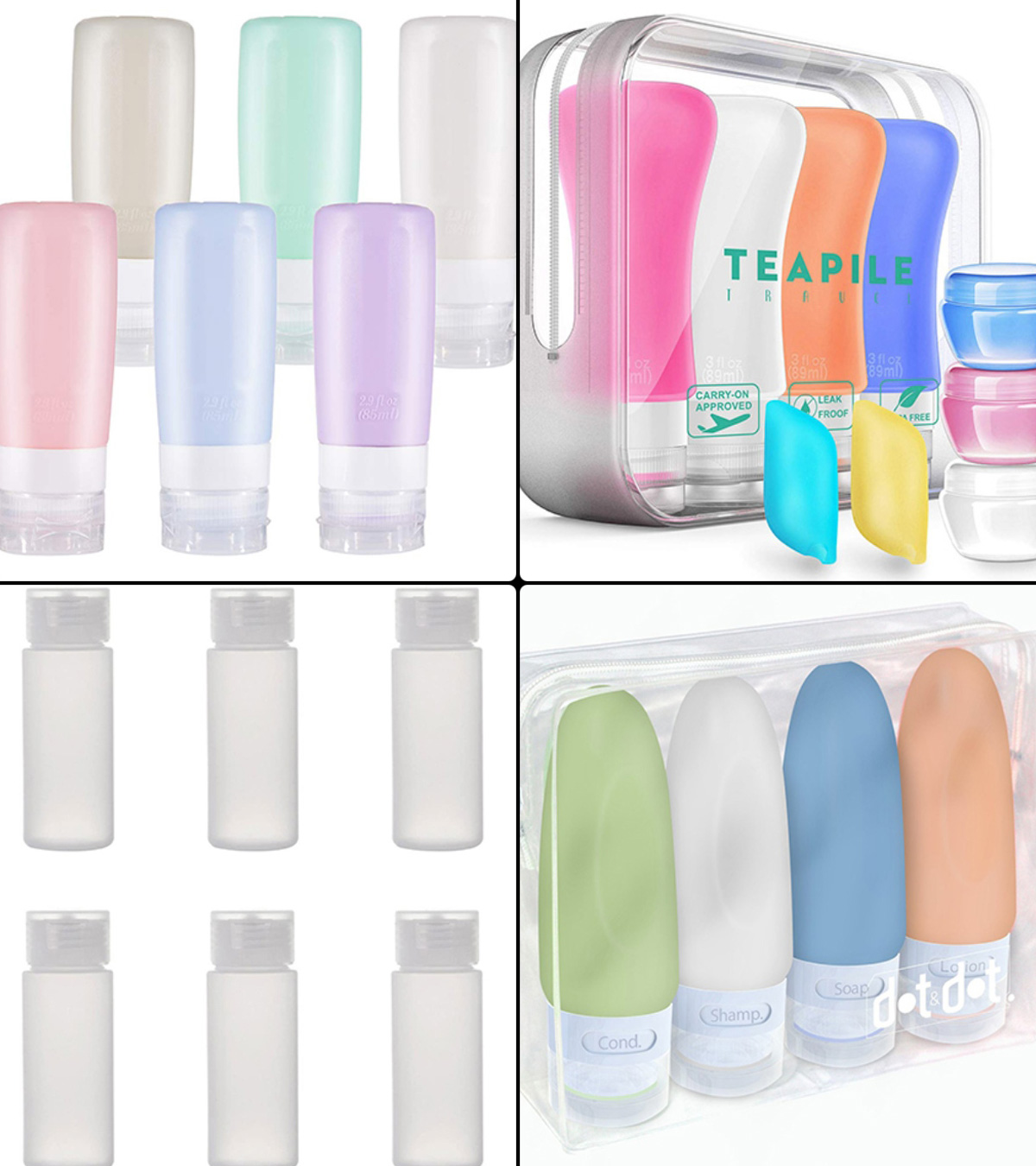 Colorful plastic travel bottles. Small containers for liquids like shower  gel and shampoo. Face and body care products in compact size. Copy space  Stock Photo