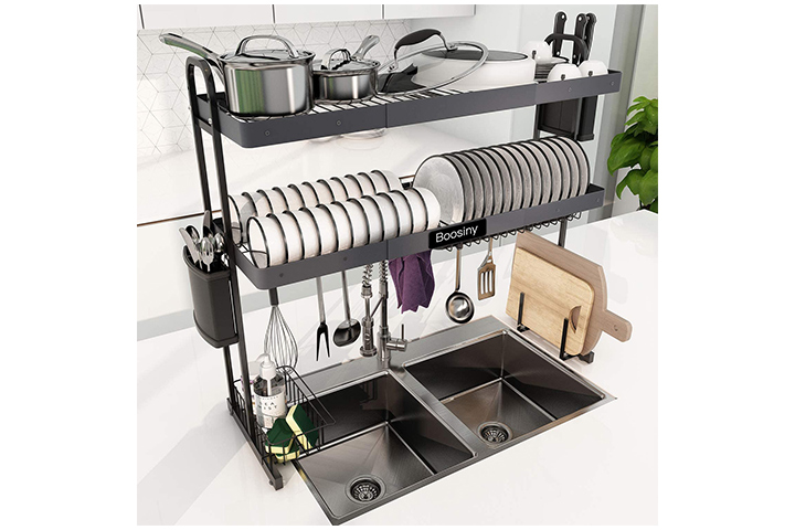 Over The Sink Dish Drying Rack,Adjustable,2 Tier Stainless Steel Dish Rack  Drainer, Large Stainless Steel Dish Rack Over Sink for Kitchen Counter Organizer  Storage Space Saver with Hooks (25.6-33.5) 