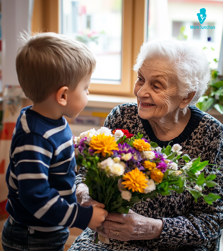 A kid wishing 90th birthday to his grandma