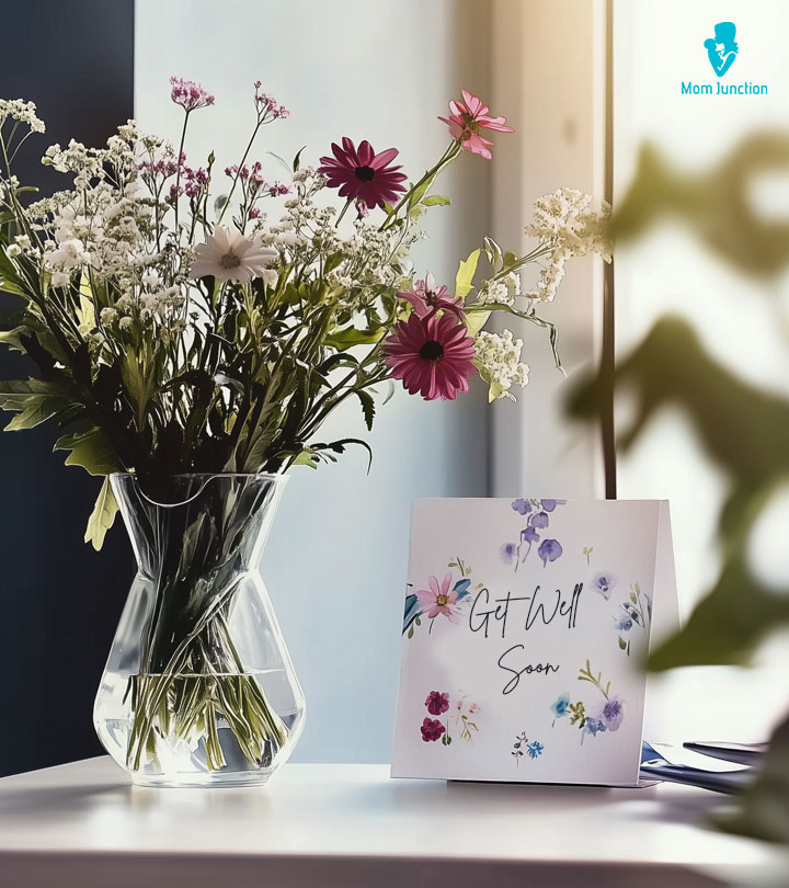 Colorful Flowers And Get Well Soon Messages On A Greeting Card