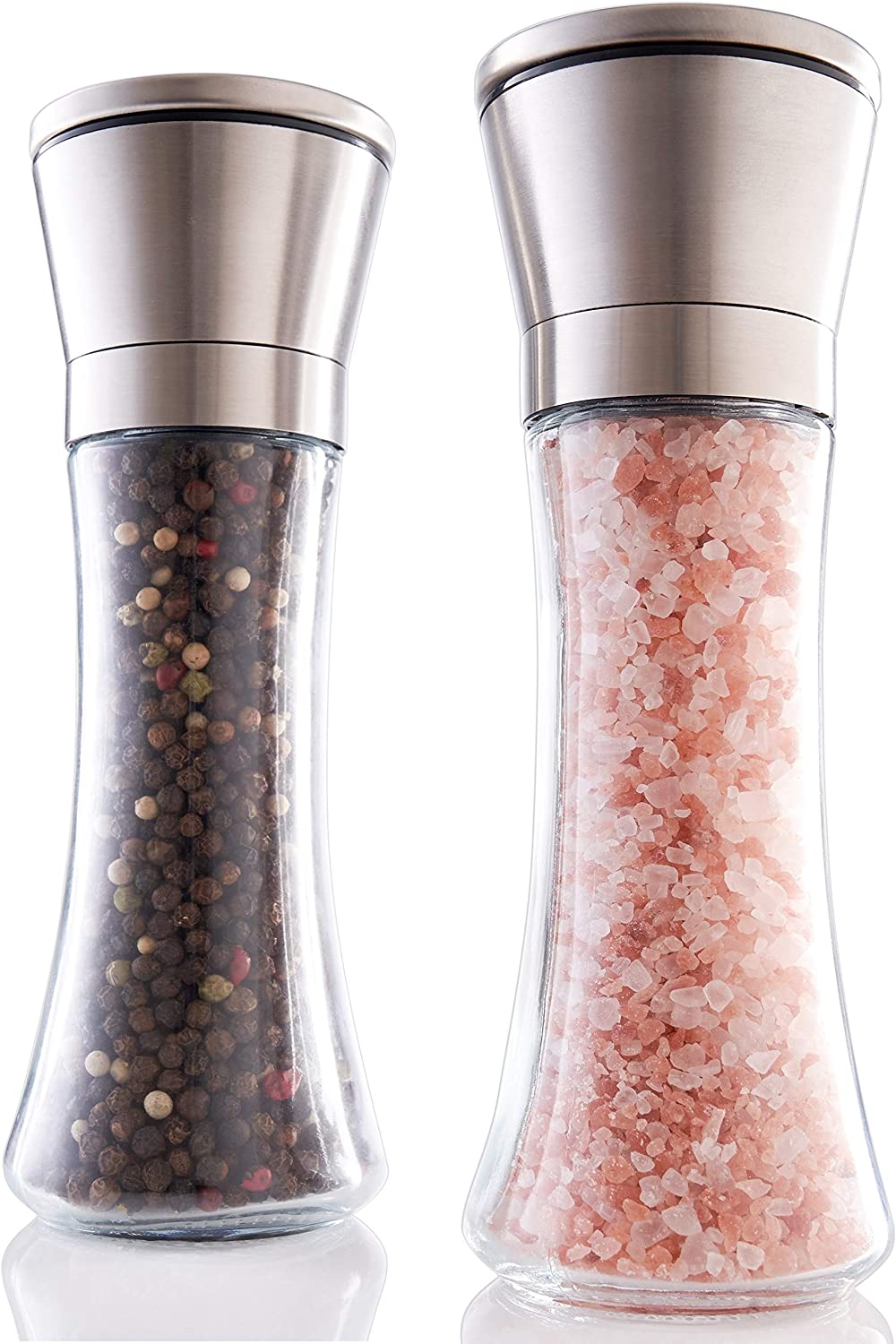 Urban Noon Premium Salt and Pepper Grinder Set - Stainless Steel Mills with Stand in Luxurious Gift-Box - Shakers with Ceramic Grinders and Adjustable