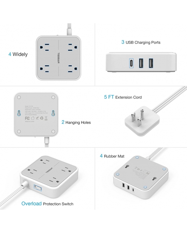 Flat Plug Power Strip, Ultra Thin Extension Cord - Addtam 12 Widely AC 3  Sides Multiple Outlets, 5Ft, 900J Surge Protector, Wall Mount, Desk  Charging