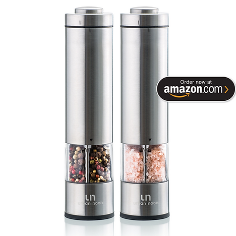 Beautiful Stainless Steel Salt & Pepper Grinders Refillable Set - Two 5 oz  Salt / Spice Shakers with Adjustable Coarse Mills - Easy Clean Ceramic  Grinders with BONUS Wooden Spoon and Cleaning Brush 